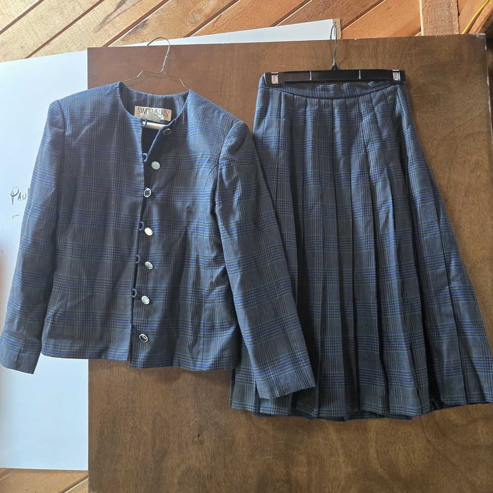 Plaid Skirt Set - Blue and Gray